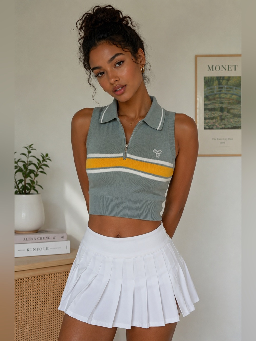 Aritzia Tna Sage Green Striped Knit Zip Polo Crop Tank 2XS